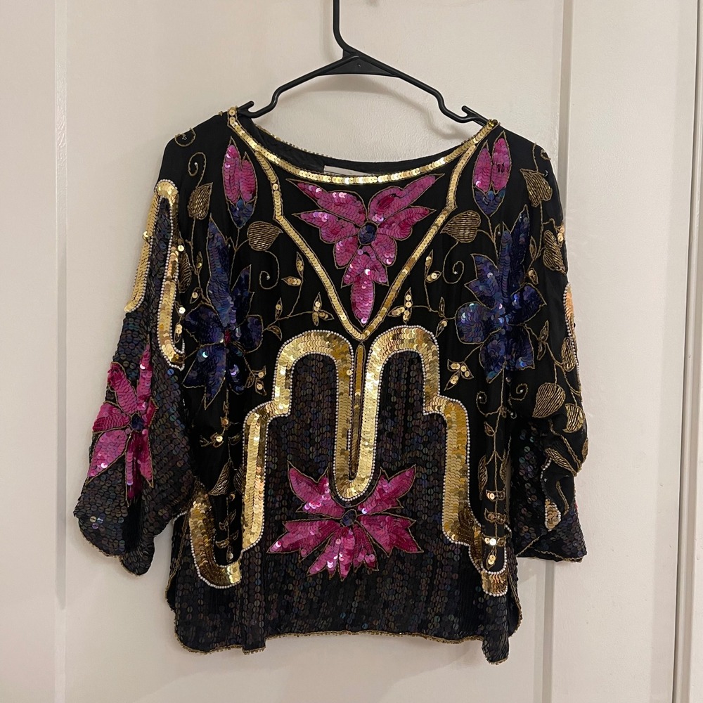 Vintage Silk Beaded Chanson D'Amour 80s Blouse Festival Concert Rave Sequined